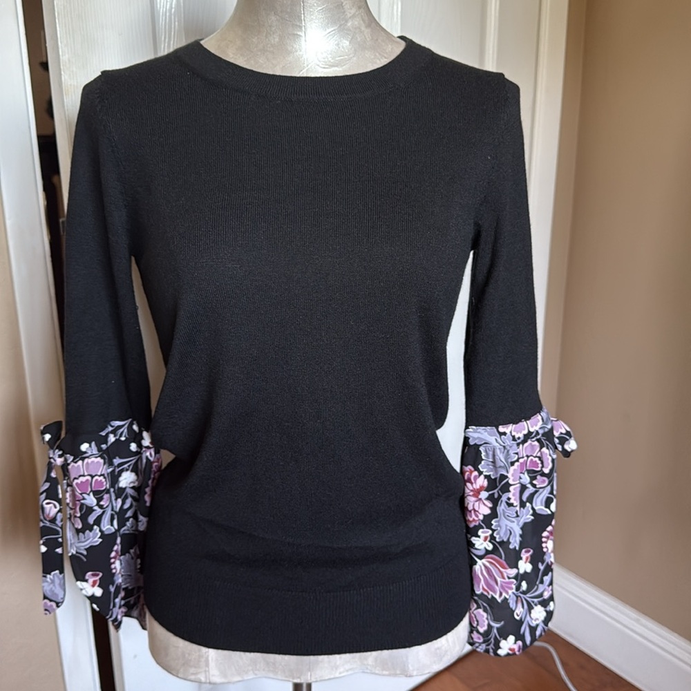 LOFT Black Crew neck lightweight sweater 3/4 Sleeve floral sleeves XS Like New - Picture 4 of 15